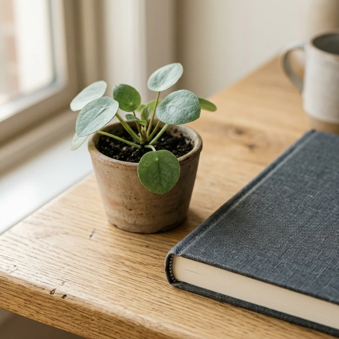 A small sage-green potted plant beside a charcoal clothbound notebook on an oak desk in soft morning light